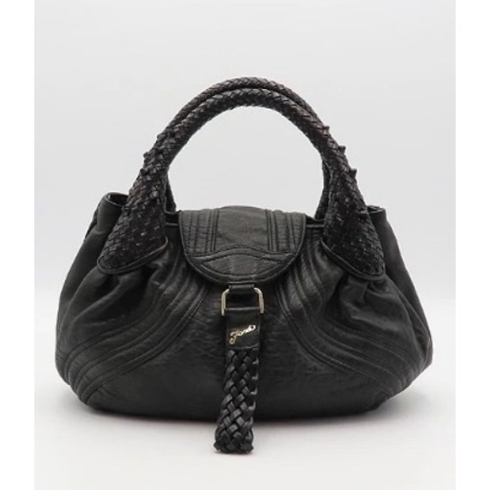 Fendi Spy Bag Black Nappa Leather Woven Top Handle Hobo Bag AU22177
